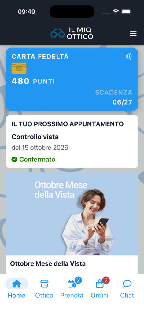 Home dell’app Il Mio Ottico con carta fedeltà, prossimo appuntamento e promozioni