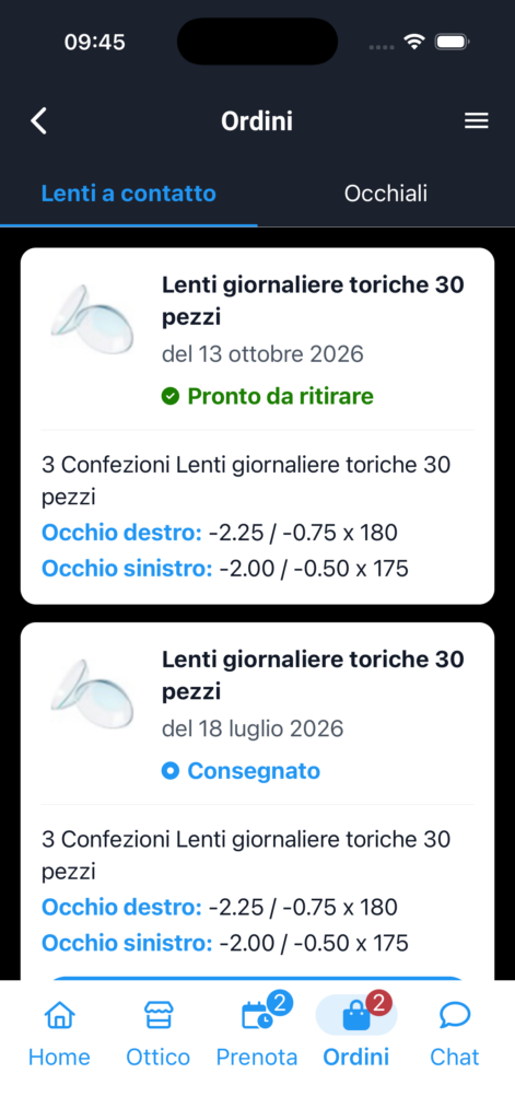 Ordini di lenti a contatto nell’app Il Mio Ottico