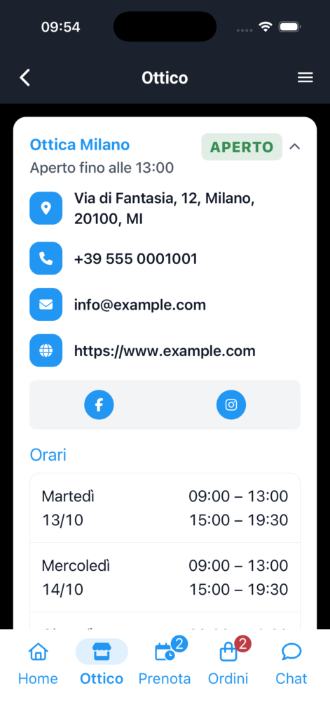 Scheda dell’ottico con orari, contatti e social nell’app Il Mio Ottico