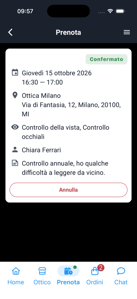 Dettaglio di un appuntamento confermato nell’app Il Mio Ottico