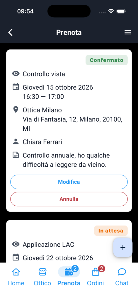 Elenco degli appuntamenti nell’app Il Mio Ottico